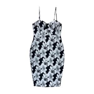 Le Chateau Women Floral Dress Jacquard Black Small Midi Spaghetti Strap Bodycon